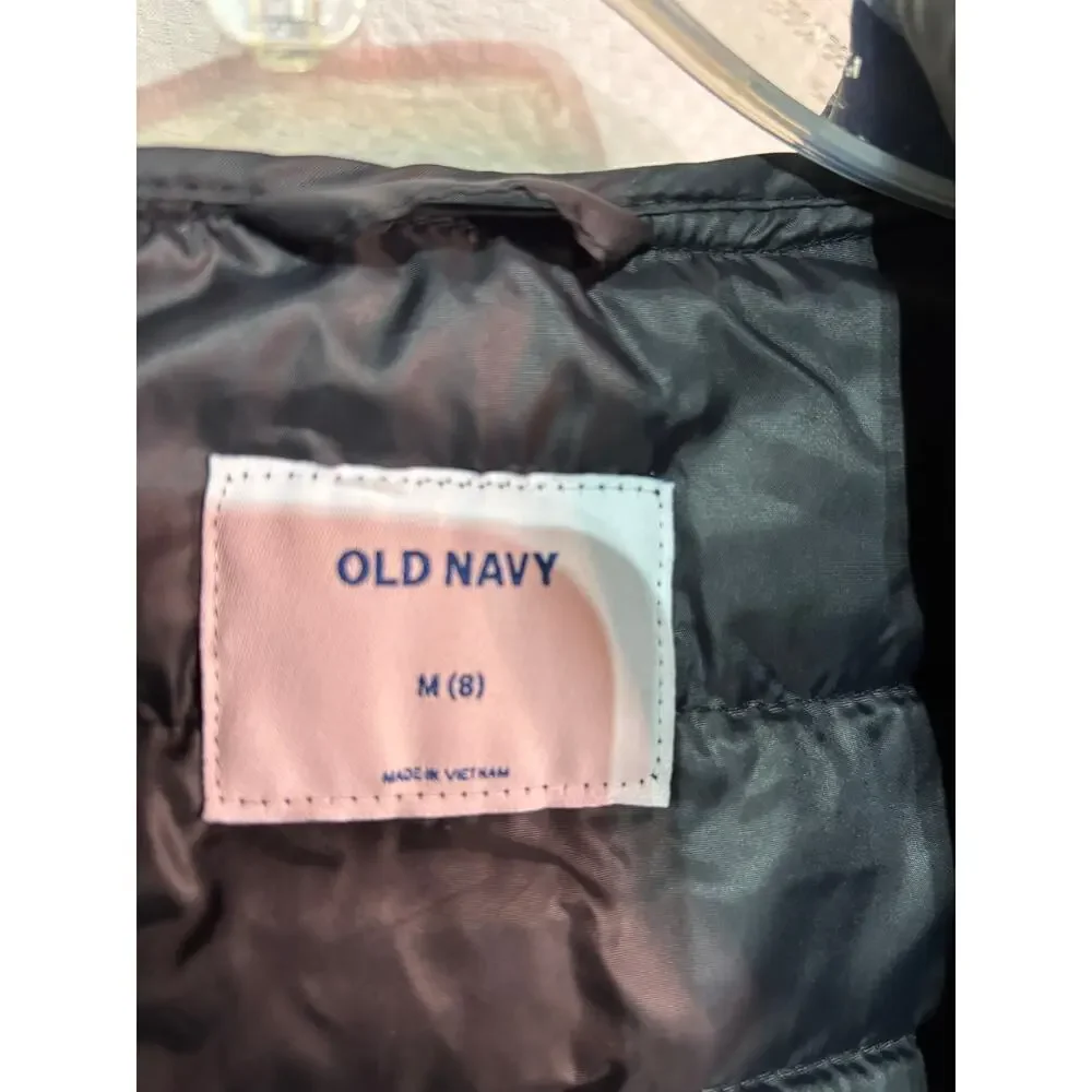 Old Navy 8 black hooded puffer full front zip jacket euc like new